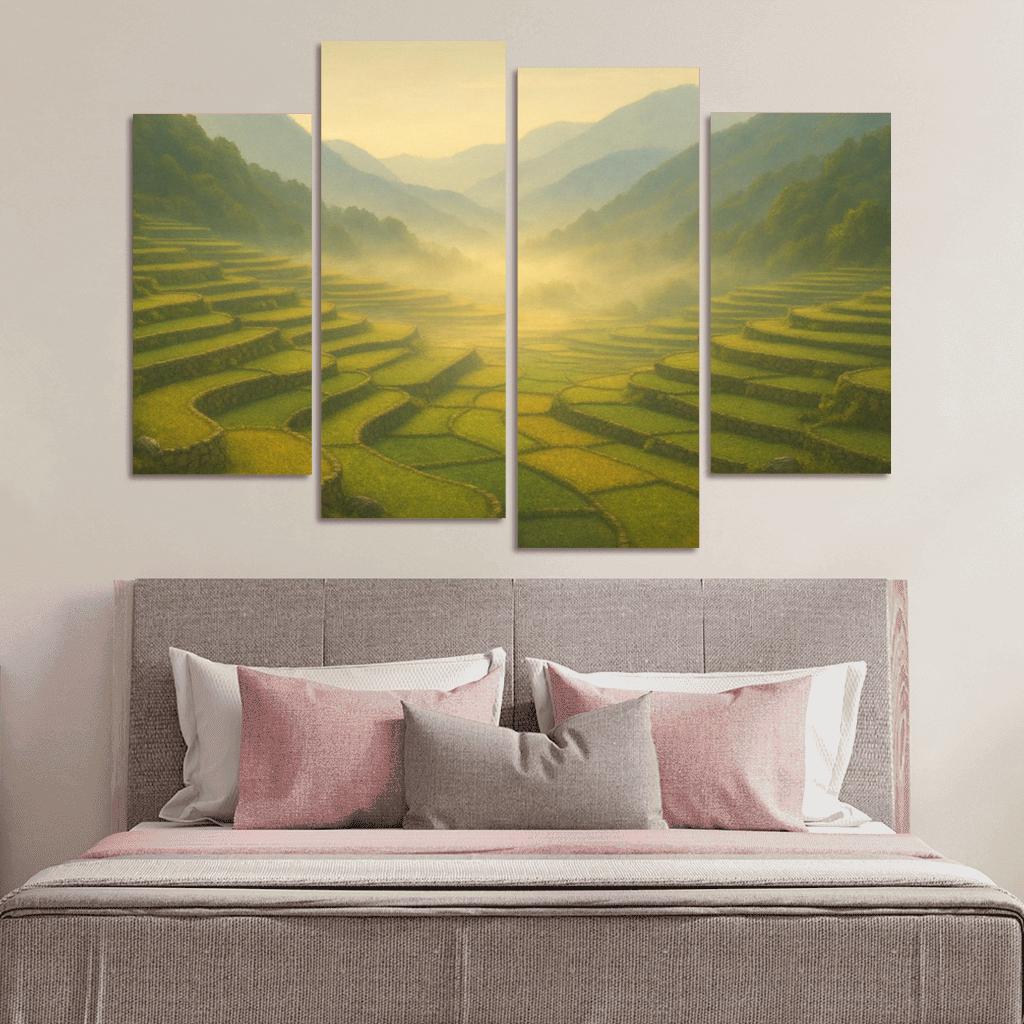 Golden Mist Above Terraced Valley multi-panel paintings