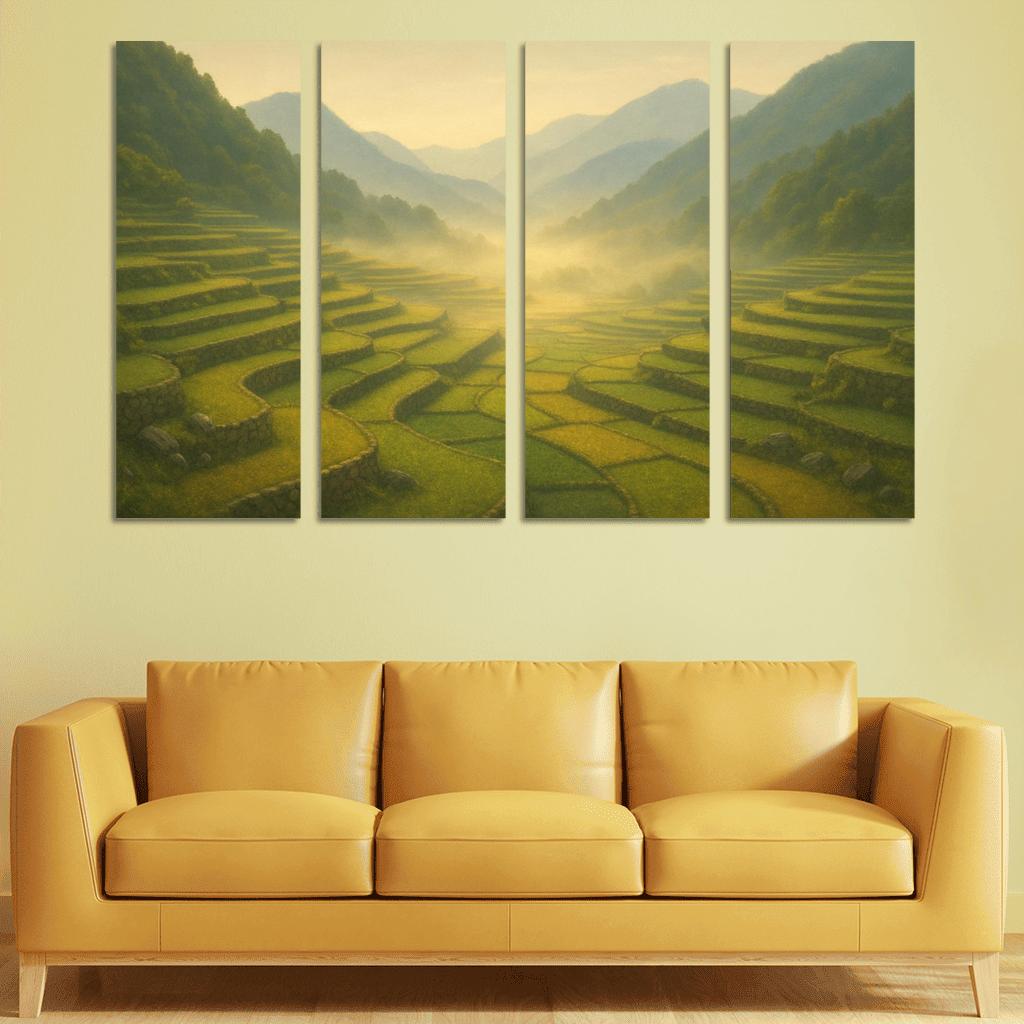 Golden Mist Above Terraced Valley multi-panel paintings