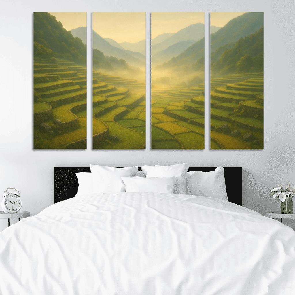 Golden Mist Above Terraced Valley multi-panel paintings