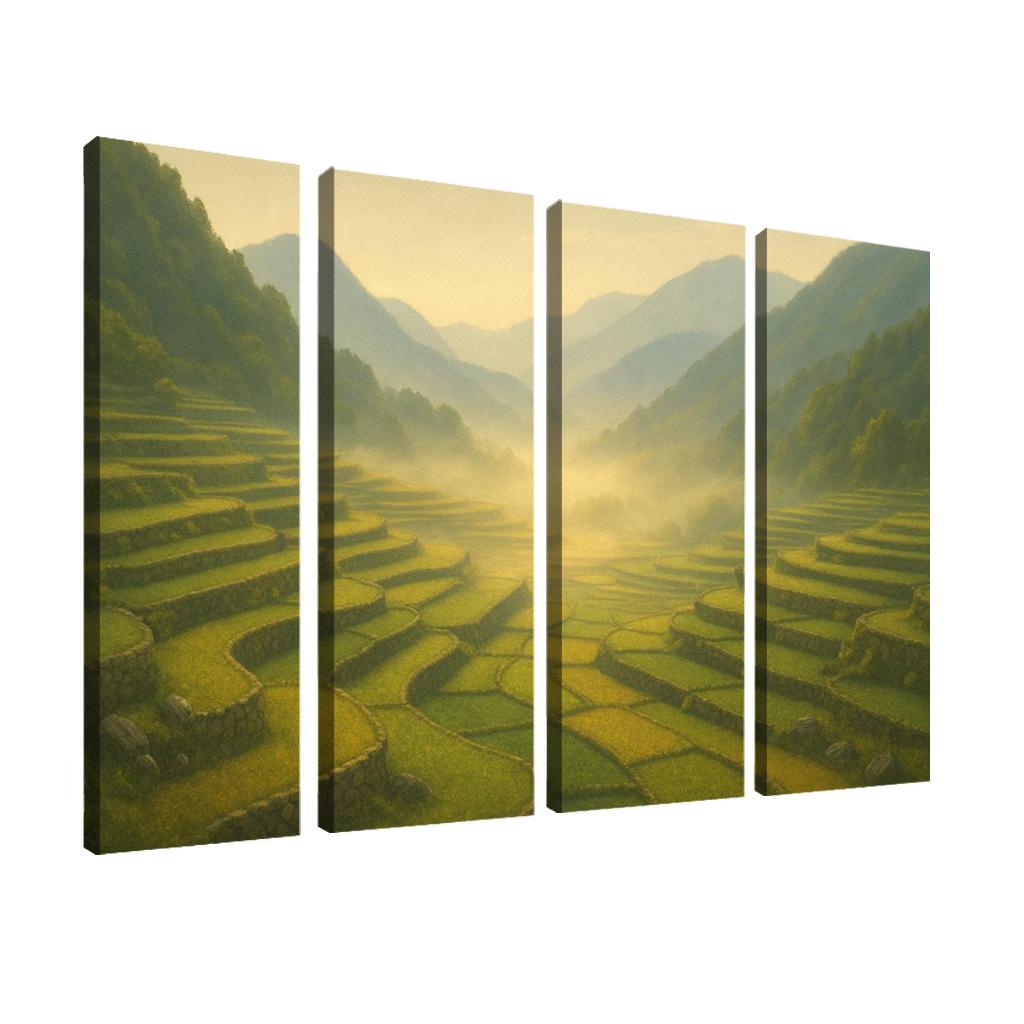 Golden Mist Above Terraced Valley multi-panel paintings