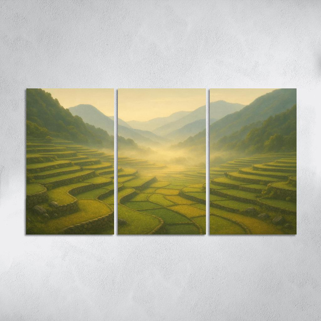 Golden Mist Above Terraced Valley multi-panel paintings
