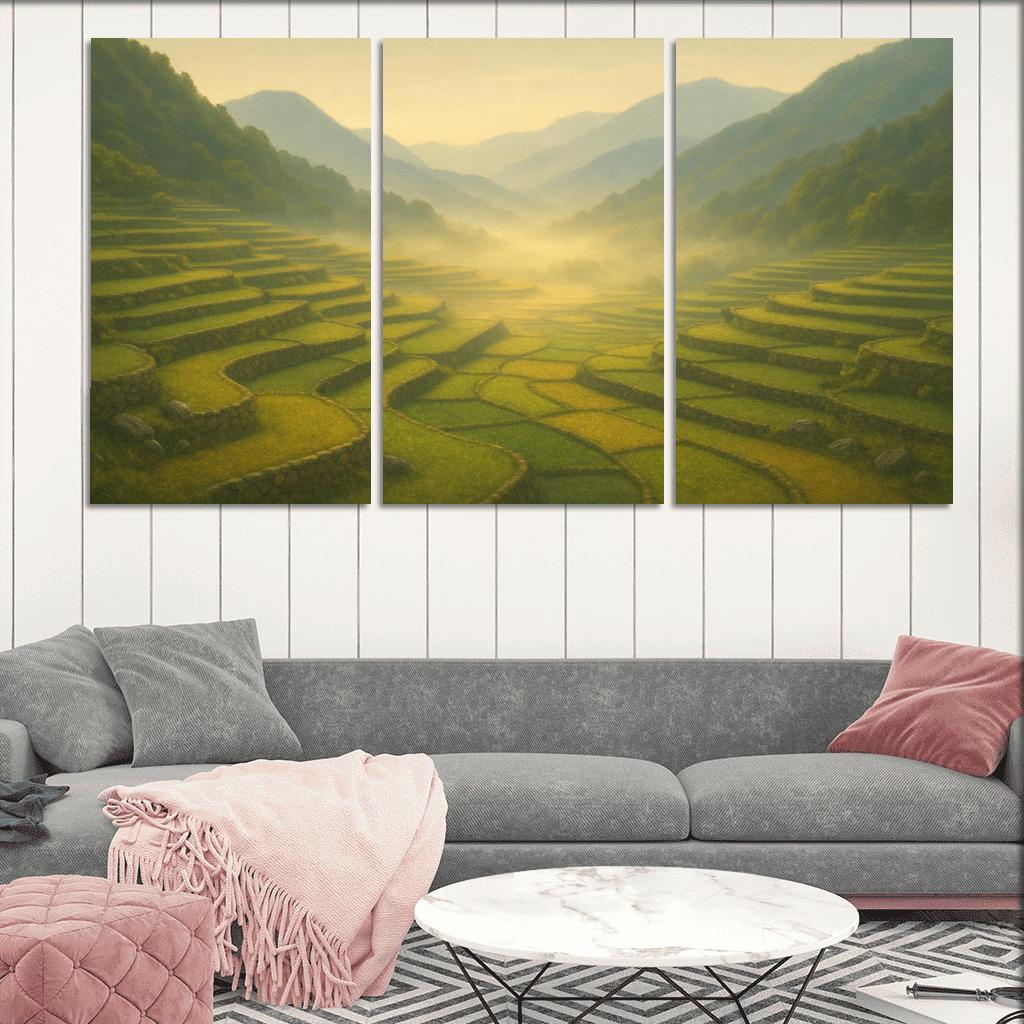 Golden Mist Above Terraced Valley multi-panel paintings