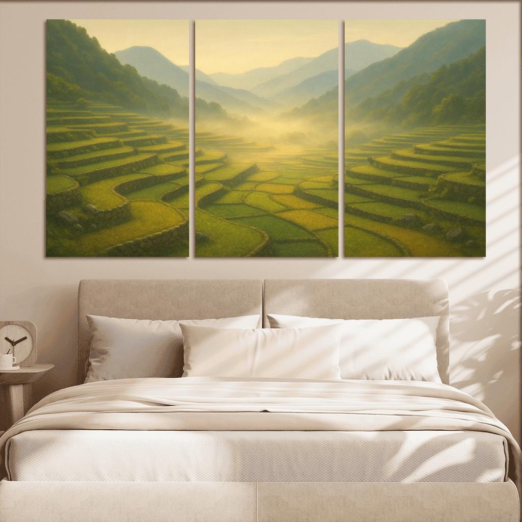 Golden Mist Above Terraced Valley multi-panel paintings