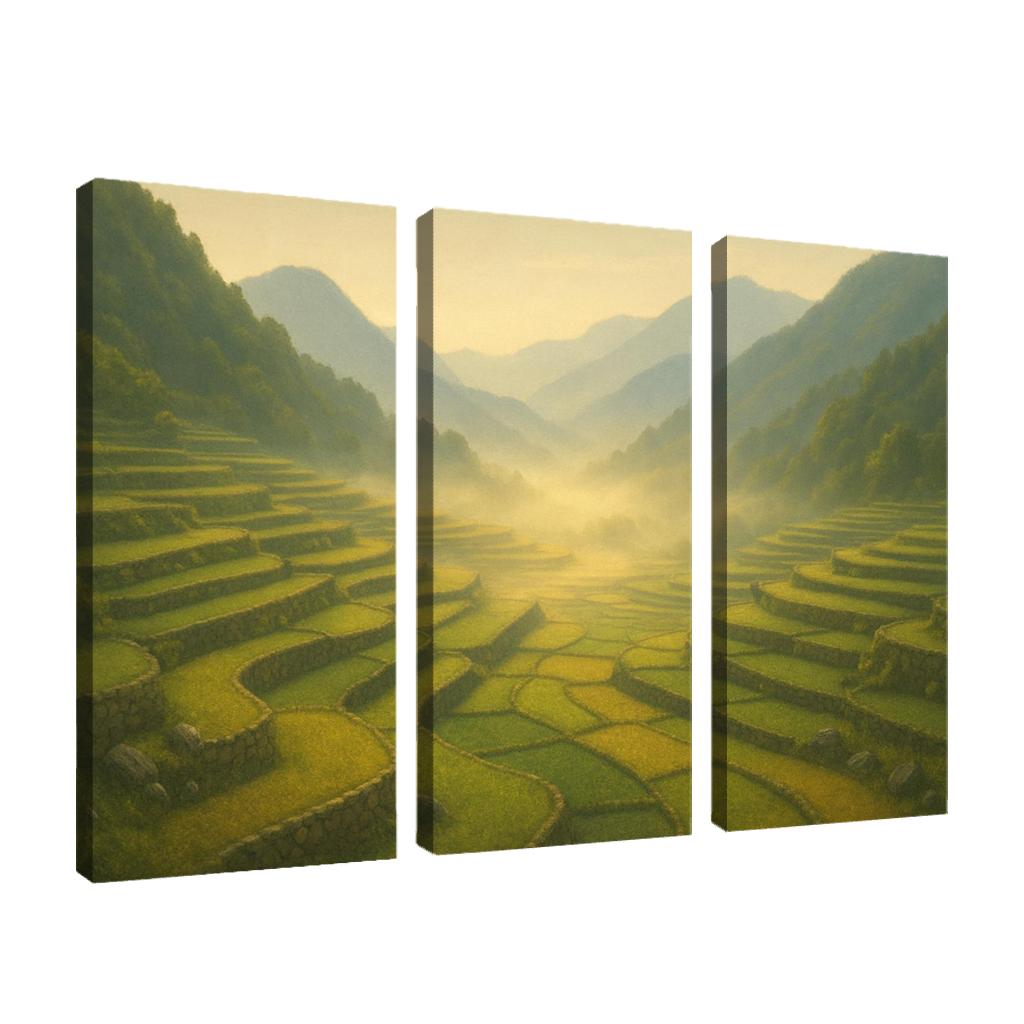 Golden Mist Above Terraced Valley multi-panel paintings