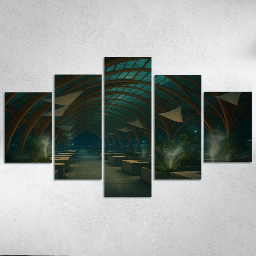 Bioluminescent Timber Canopy Market Hall multi-panel paintings
