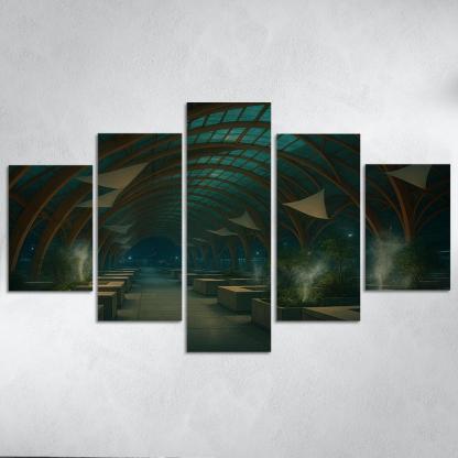 Bioluminescent Timber Canopy Market Hall multi-panel paintings