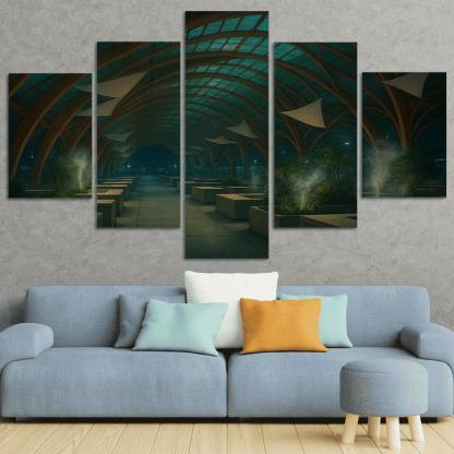 Bioluminescent Timber Canopy Market Hall multi-panel paintings
