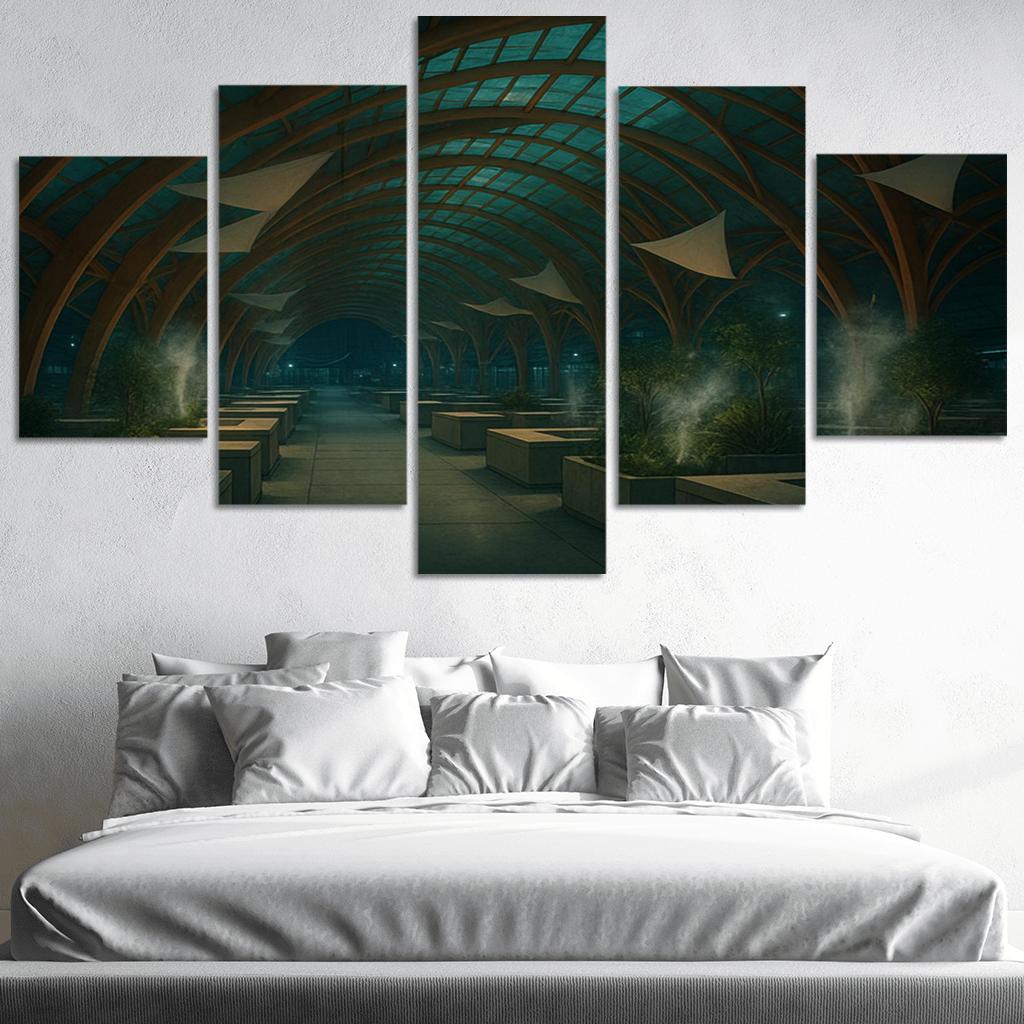 Bioluminescent Timber Canopy Market Hall multi-panel paintings
