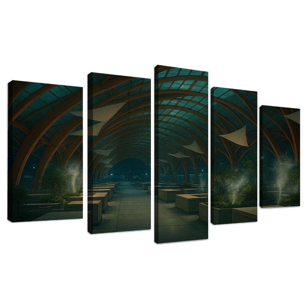 Bioluminescent Timber Canopy Market Hall multi-panel paintings