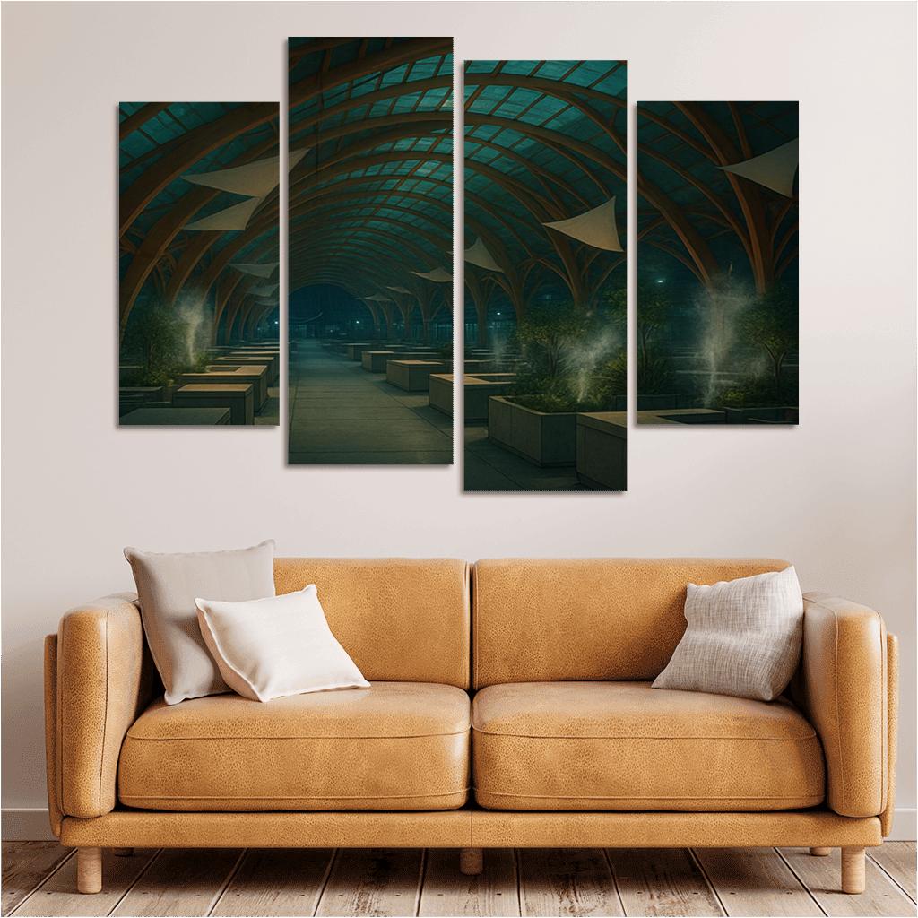Bioluminescent Timber Canopy Market Hall multi-panel paintings