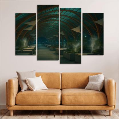 Bioluminescent Timber Canopy Market Hall multi-panel paintings