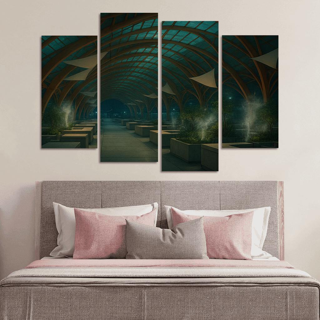 Bioluminescent Timber Canopy Market Hall multi-panel paintings