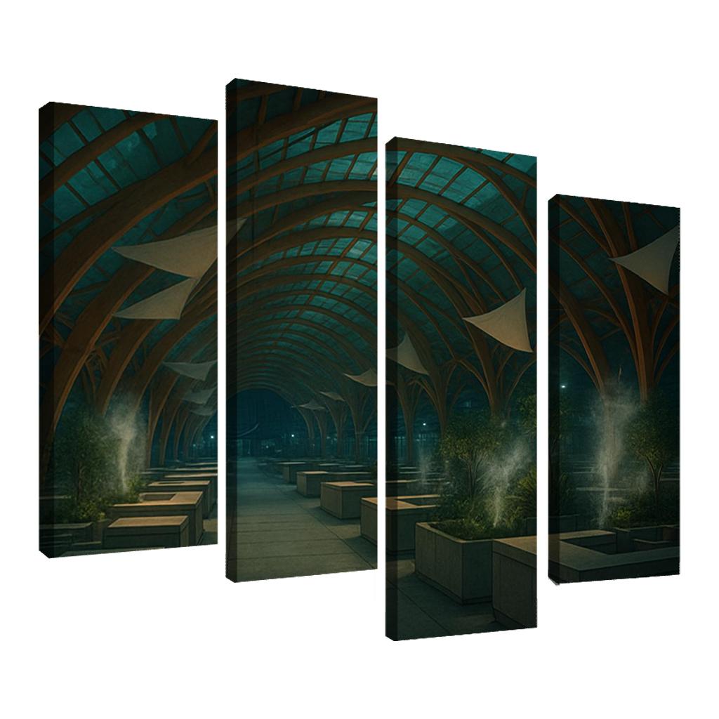 Bioluminescent Timber Canopy Market Hall multi-panel paintings