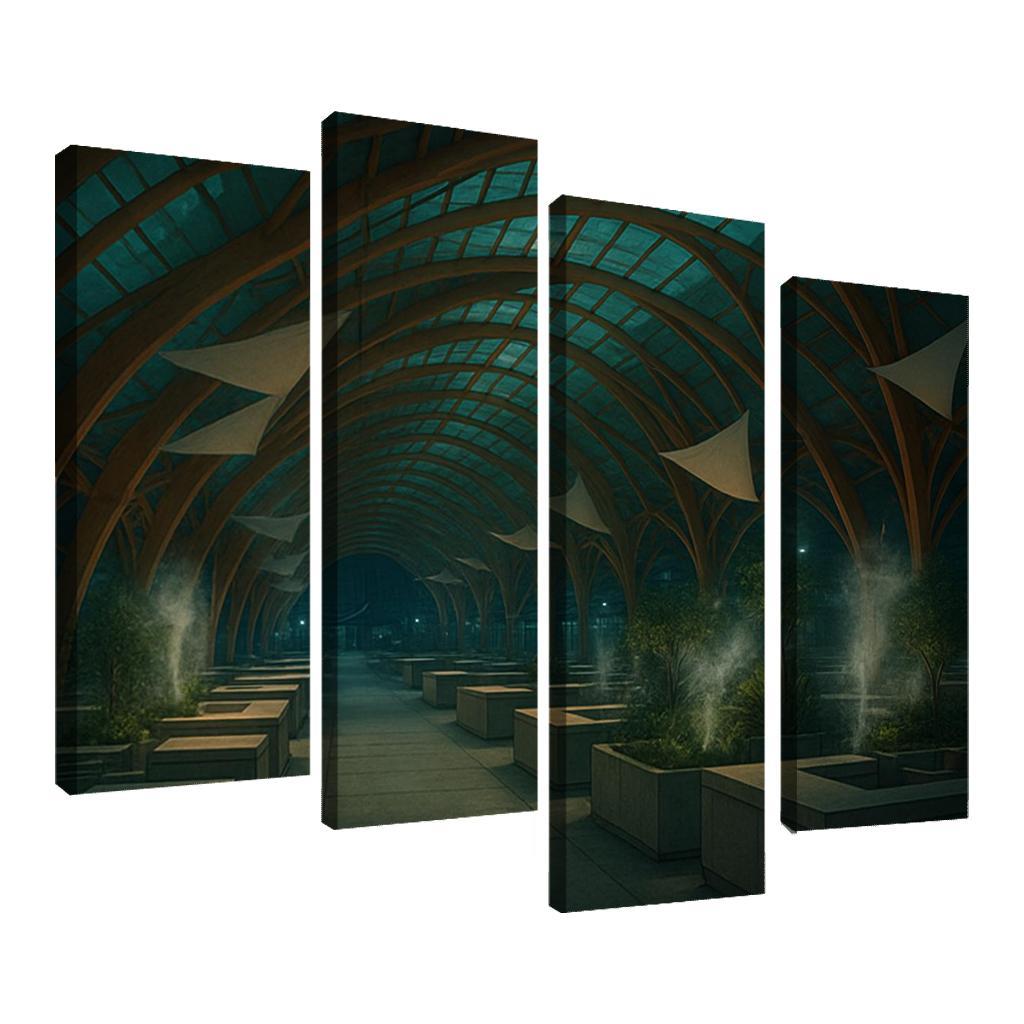 Bioluminescent Timber Canopy Market Hall multi-panel paintings