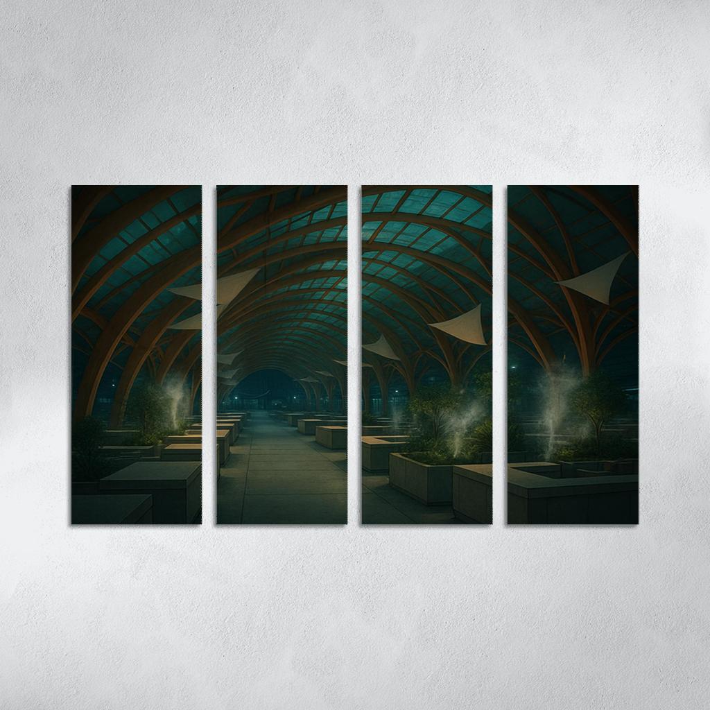 Bioluminescent Timber Canopy Market Hall multi-panel paintings