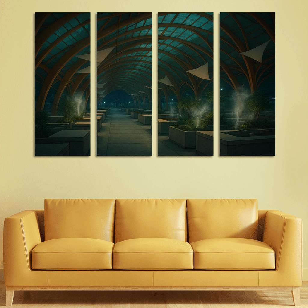 Bioluminescent Timber Canopy Market Hall multi-panel paintings