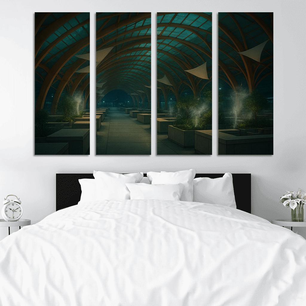 Bioluminescent Timber Canopy Market Hall multi-panel paintings