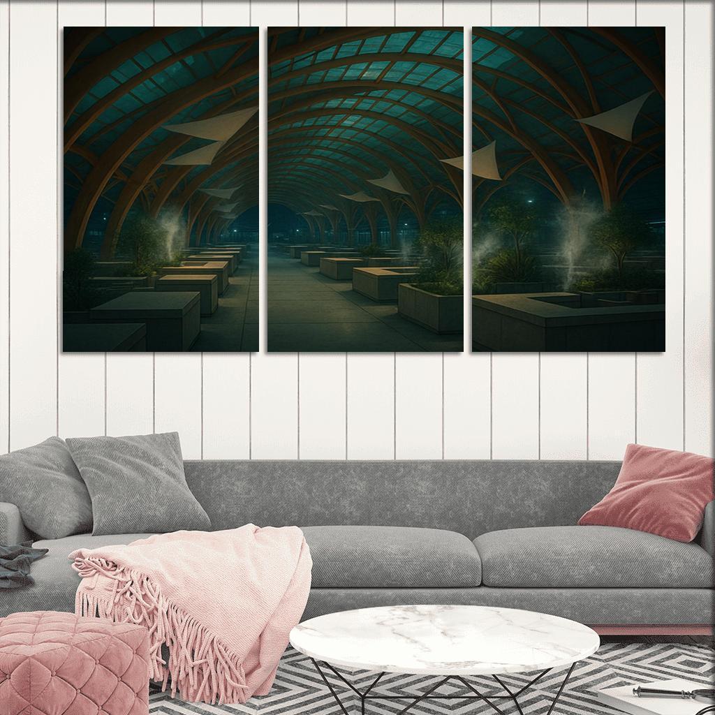 Bioluminescent Timber Canopy Market Hall multi-panel paintings