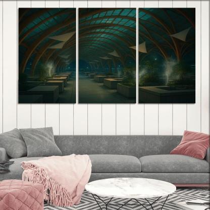 Bioluminescent Timber Canopy Market Hall multi-panel paintings