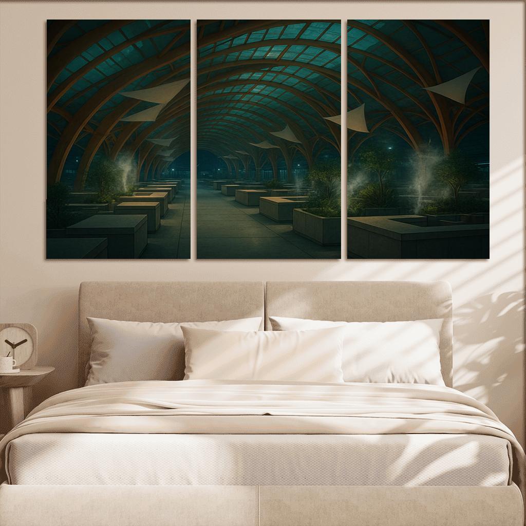 Bioluminescent Timber Canopy Market Hall multi-panel paintings