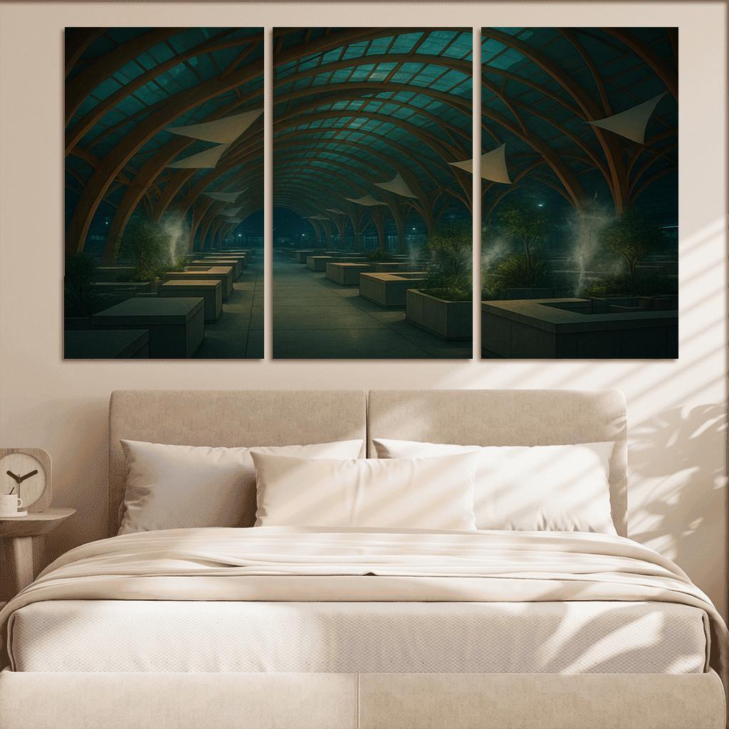 Bioluminescent Timber Canopy Market Hall multi-panel paintings