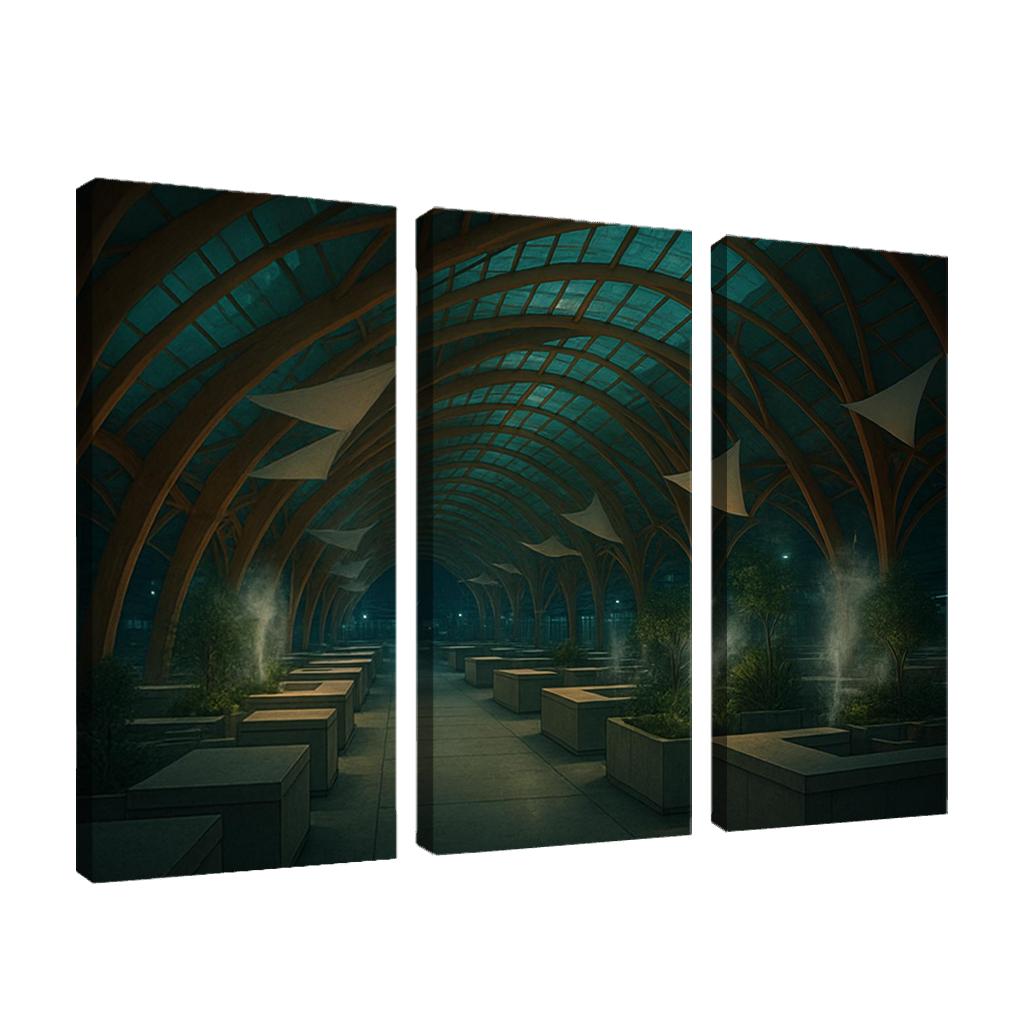 Bioluminescent Timber Canopy Market Hall multi-panel paintings