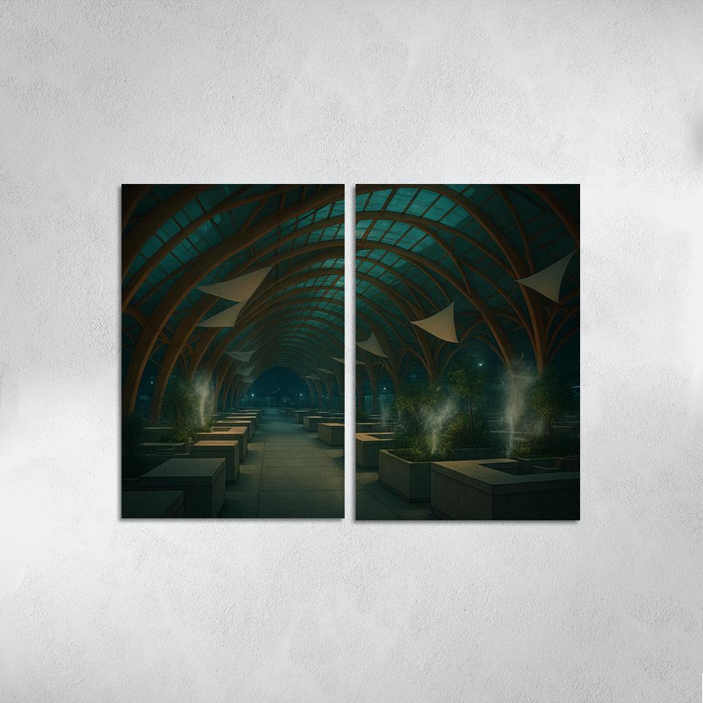 Bioluminescent Timber Canopy Market Hall multi-panel paintings
