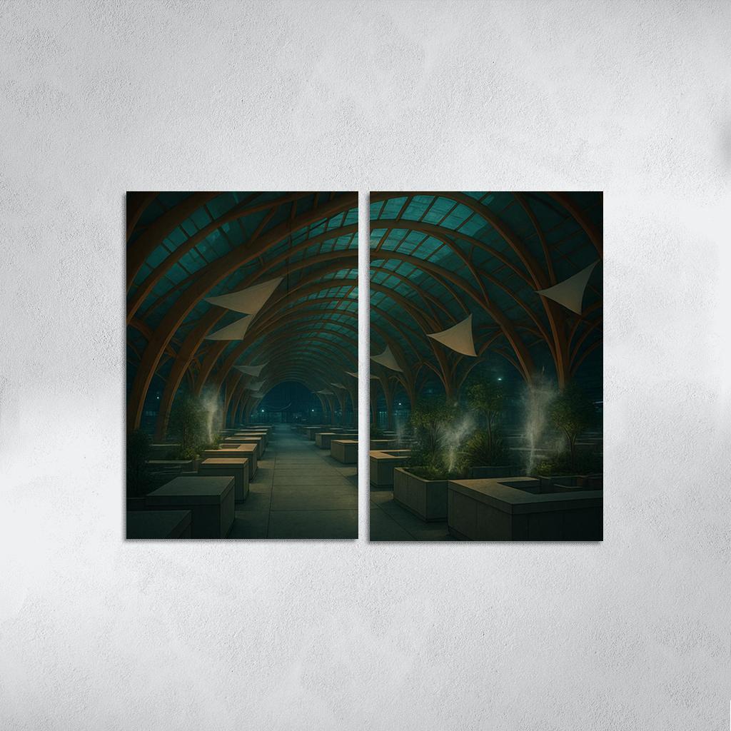 Bioluminescent Timber Canopy Market Hall multi-panel paintings
