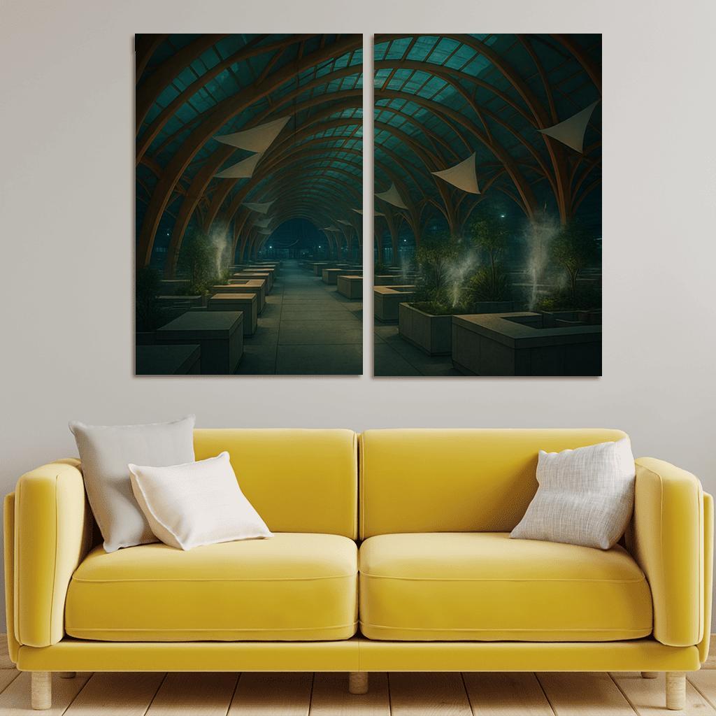 Bioluminescent Timber Canopy Market Hall multi-panel paintings