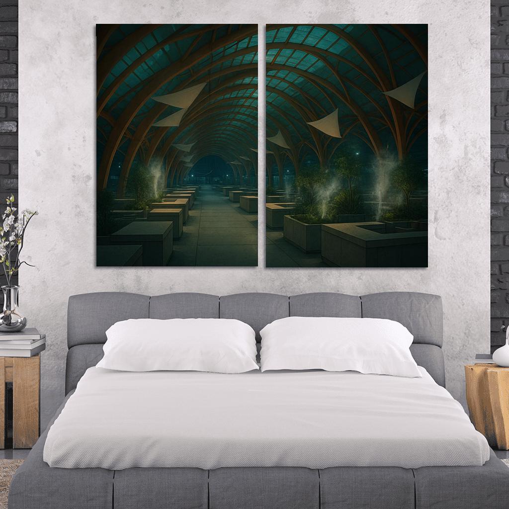 Bioluminescent Timber Canopy Market Hall multi-panel paintings