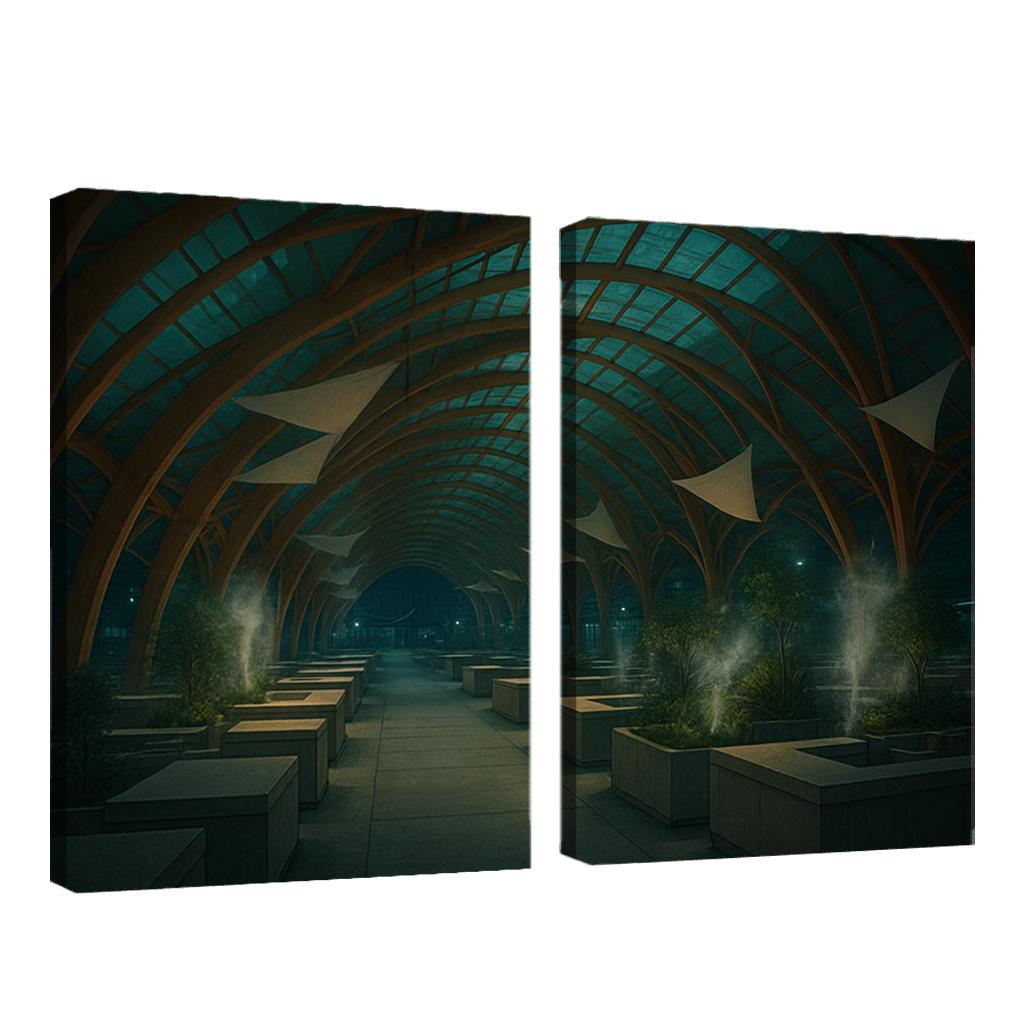 Bioluminescent Timber Canopy Market Hall multi-panel paintings