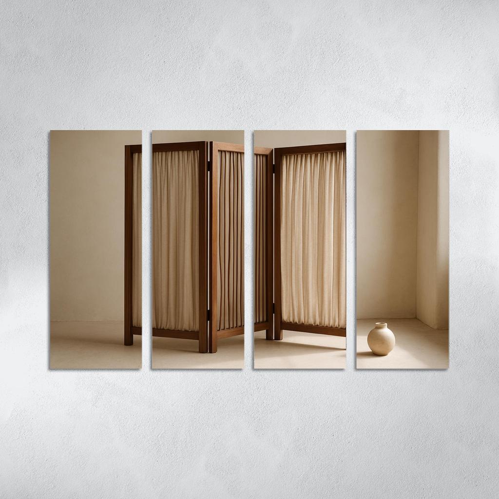 Textured Linen Room Divider With Asymmetric Slatted Frame decor