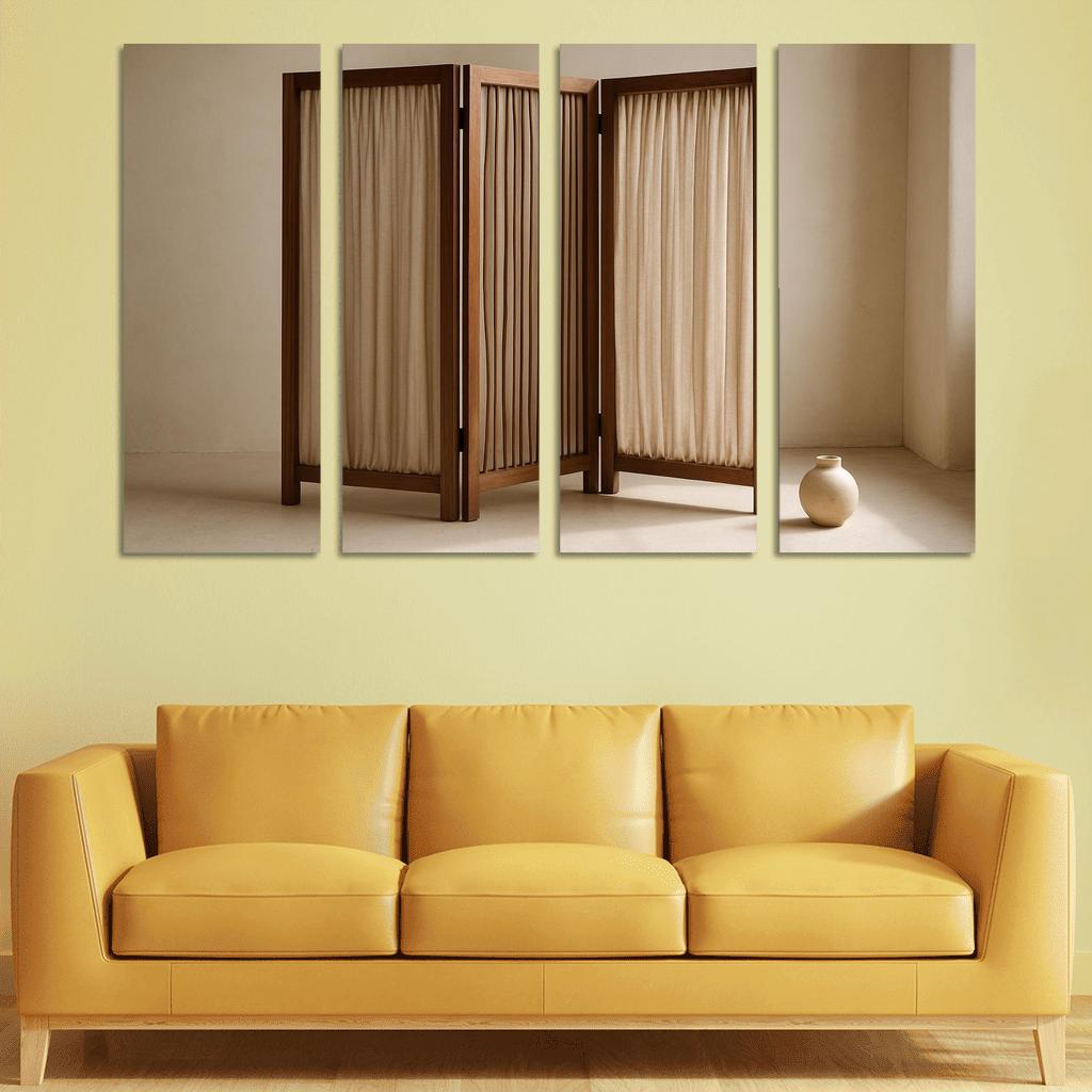 Textured Linen Room Divider With Asymmetric Slatted Frame decor