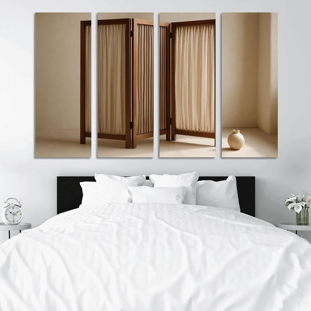 Textured Linen Room Divider With Asymmetric Slatted Frame decor