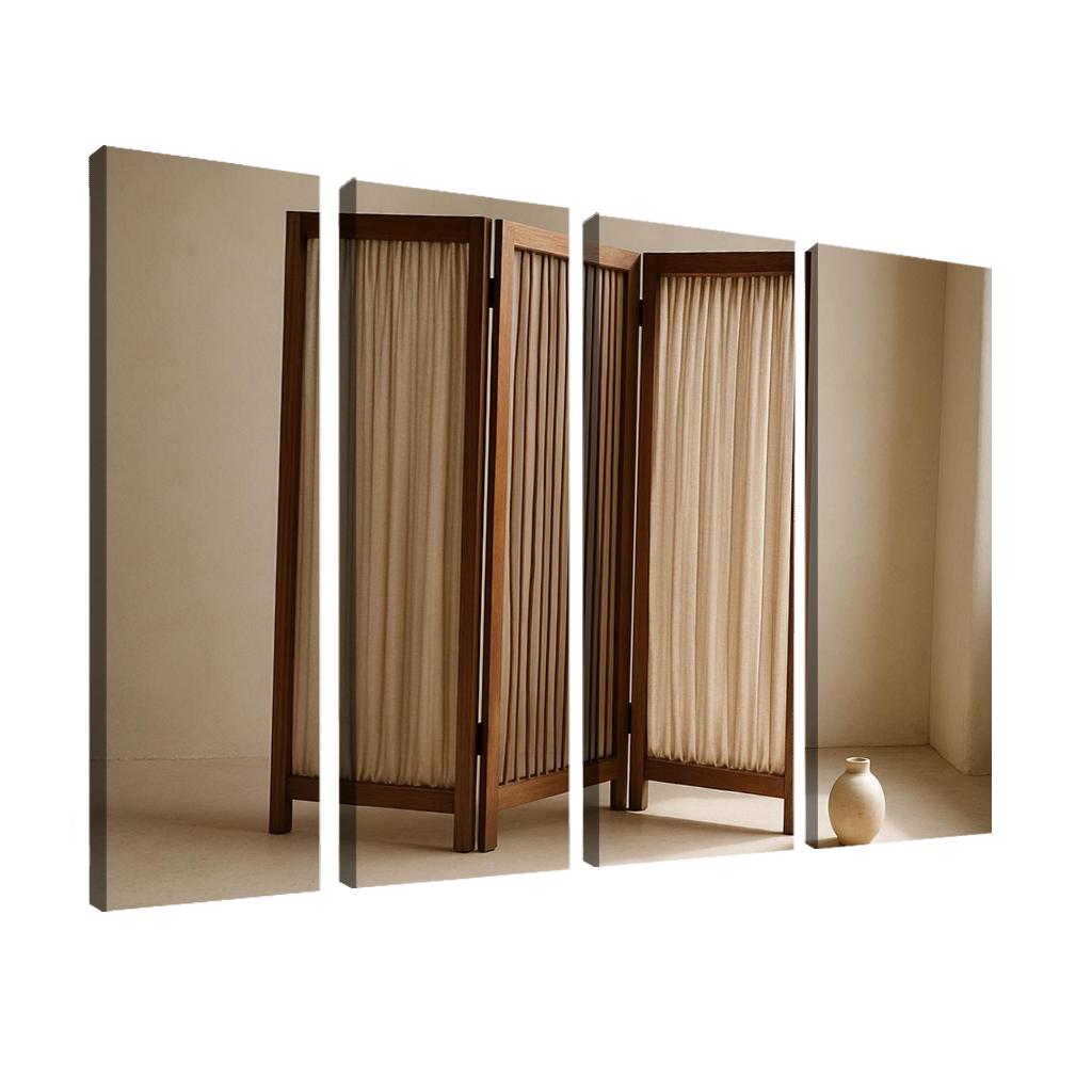Textured Linen Room Divider With Asymmetric Slatted Frame decor