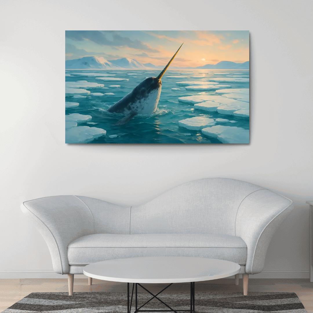 The Arctic Narwhal Breaking Through Sea Ice At Dawn wall art