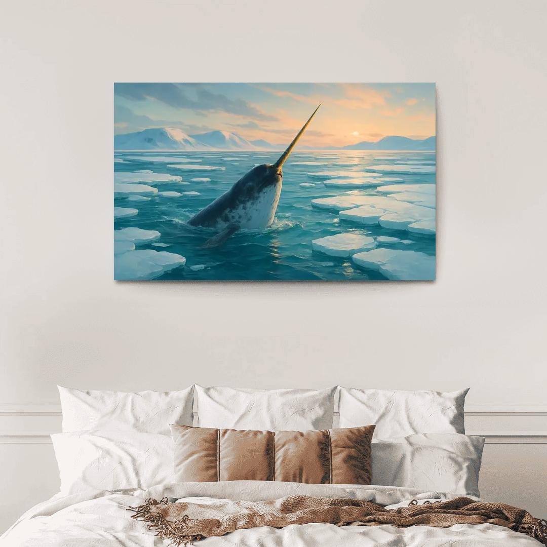 The Arctic Narwhal Breaking Through Sea Ice At Dawn wall art