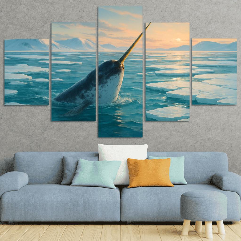 The Arctic Narwhal Breaking Through Sea Ice At Dawn wall art