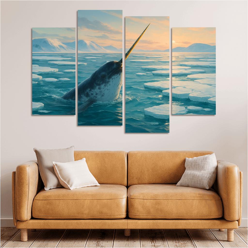 The Arctic Narwhal Breaking Through Sea Ice At Dawn wall art