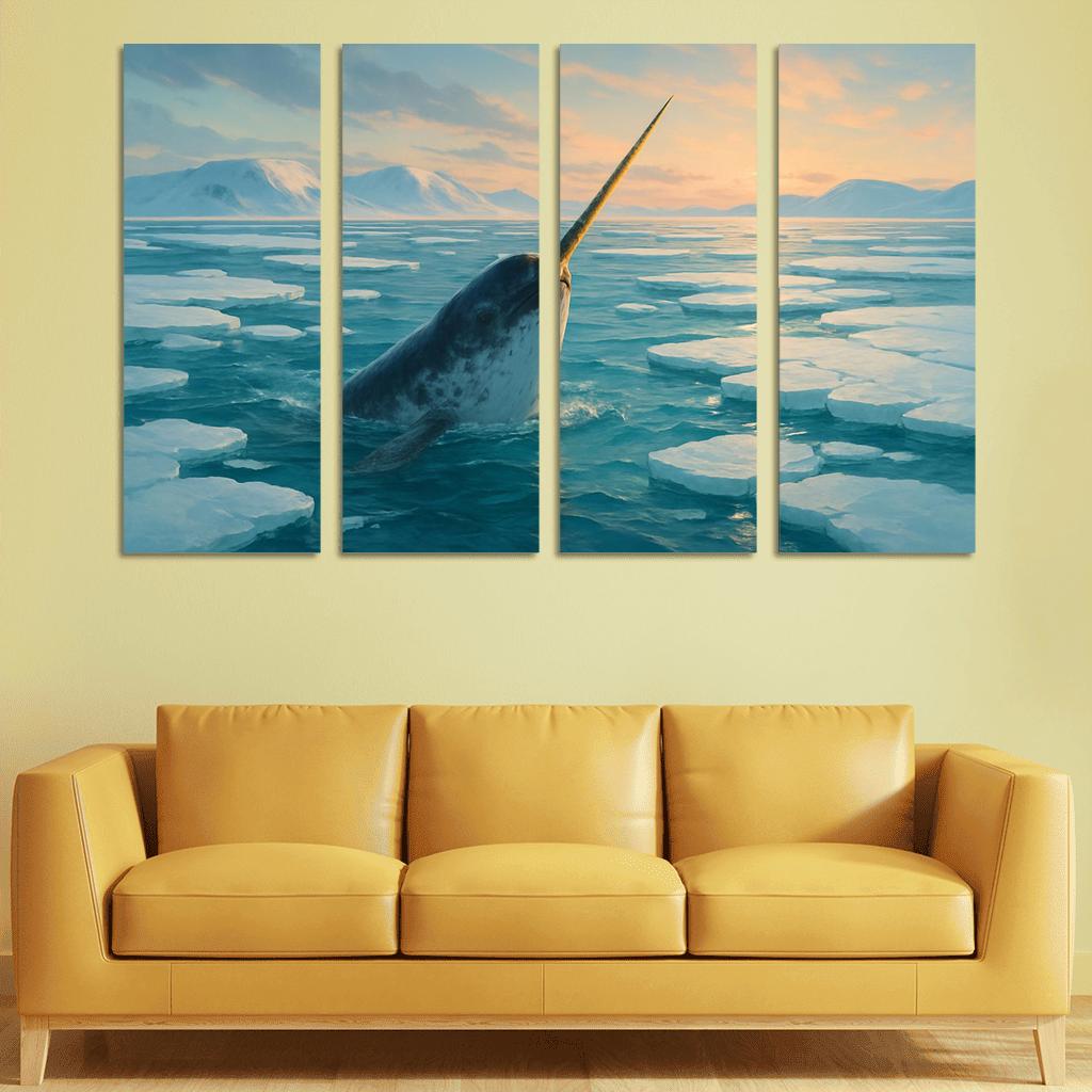 The Arctic Narwhal Breaking Through Sea Ice At Dawn wall art