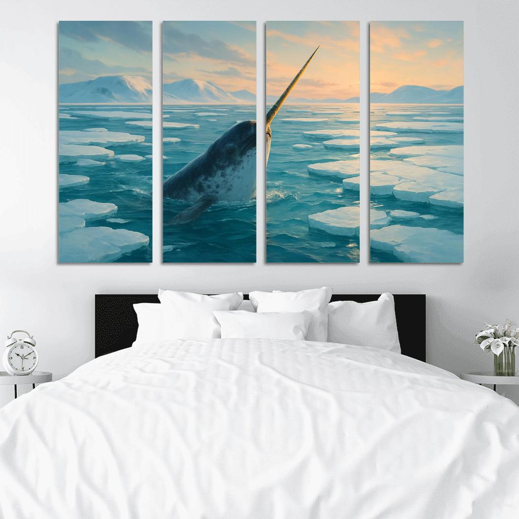 The Arctic Narwhal Breaking Through Sea Ice At Dawn wall art