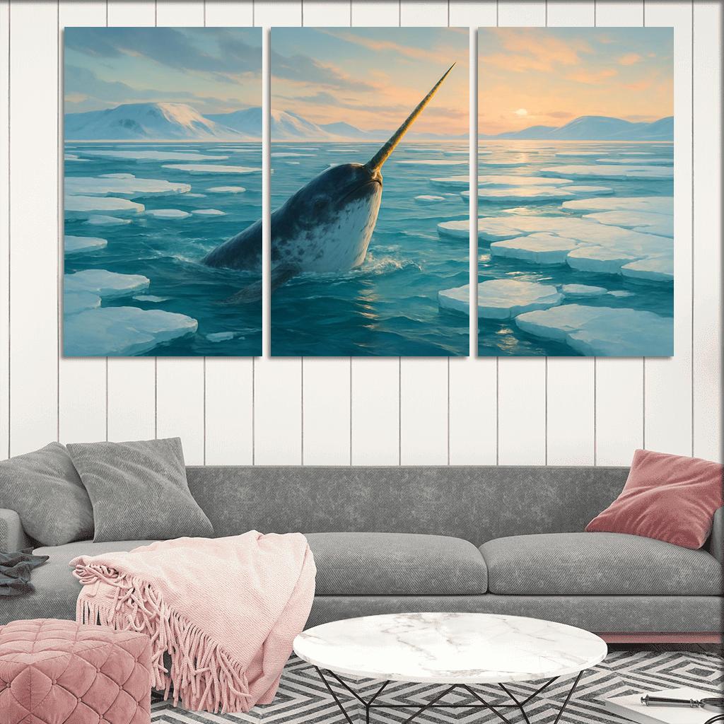 The Arctic Narwhal Breaking Through Sea Ice At Dawn wall art
