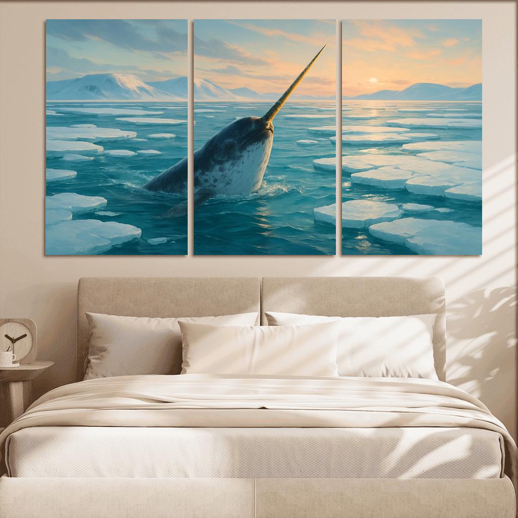 The Arctic Narwhal Breaking Through Sea Ice At Dawn wall art