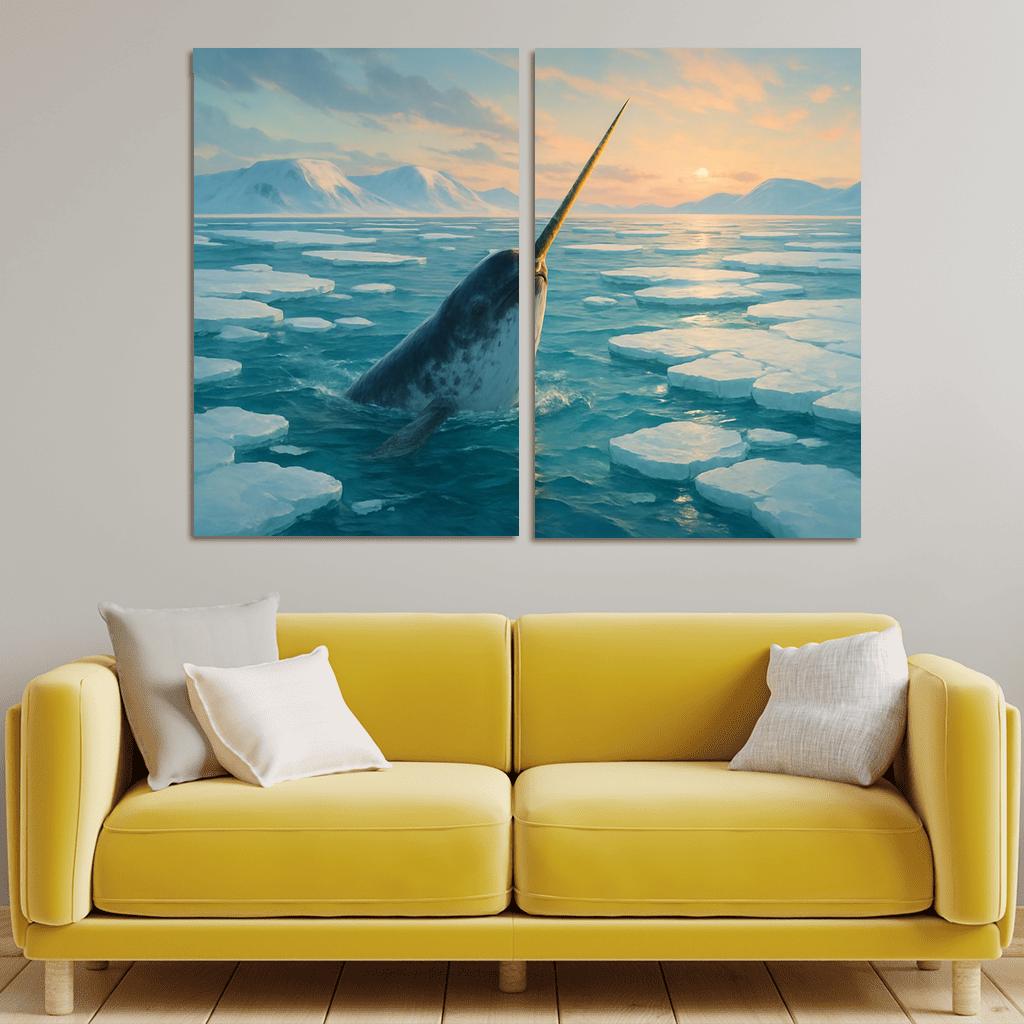 The Arctic Narwhal Breaking Through Sea Ice At Dawn wall art