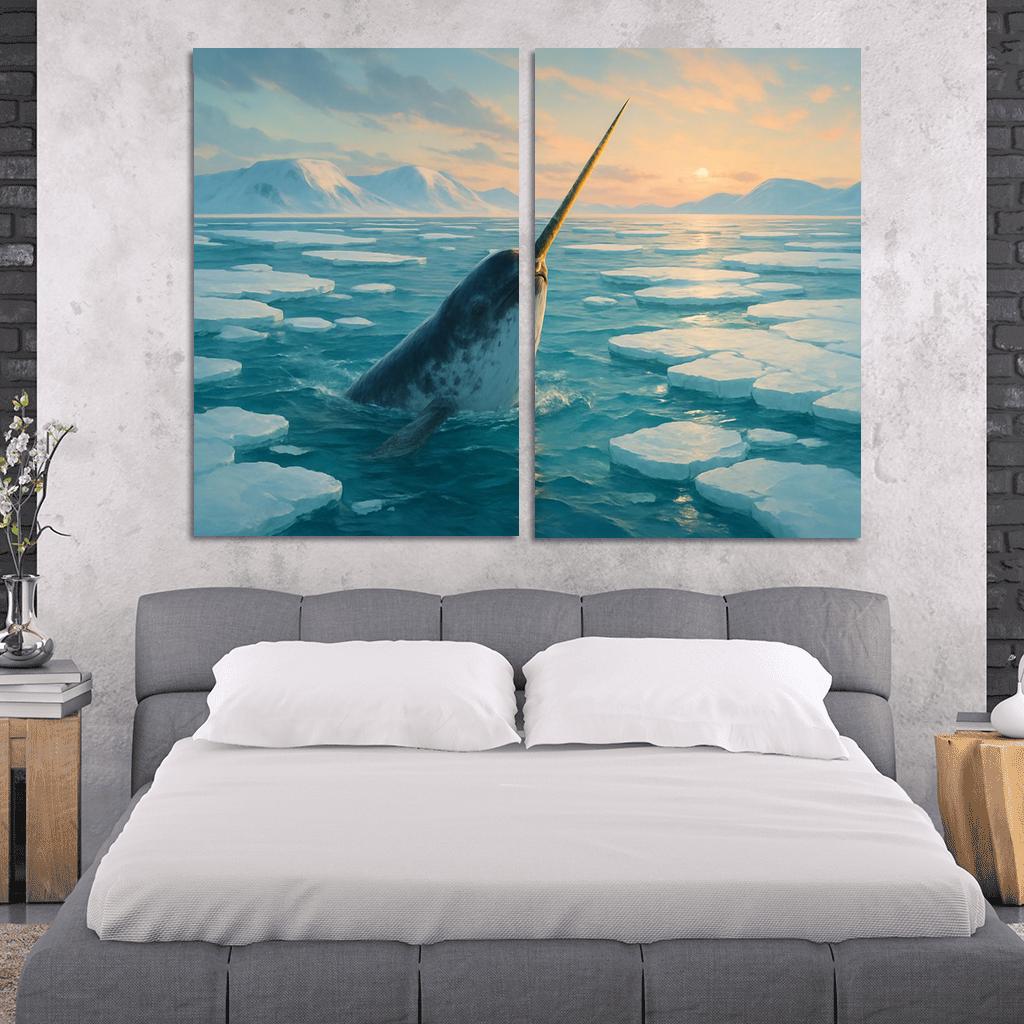 The Arctic Narwhal Breaking Through Sea Ice At Dawn wall art