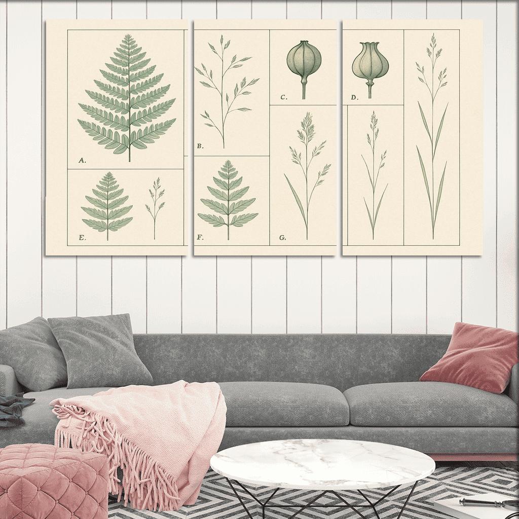 Botanical Blueprint Pressed Ferns And Seed Pods premium artwork frames
