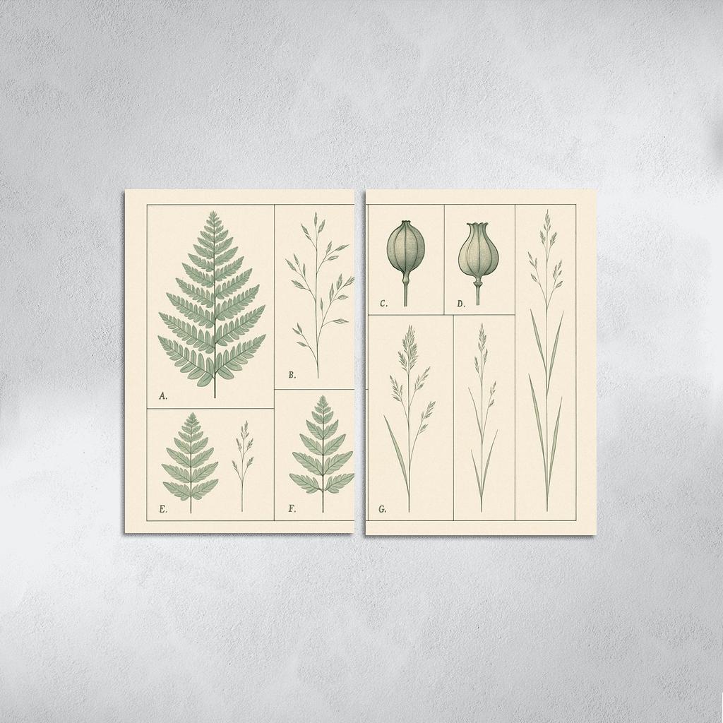 Botanical Blueprint Pressed Ferns And Seed Pods premium artwork frames