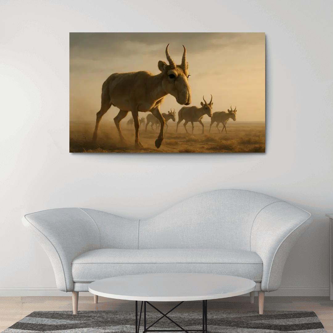 Saiga Antelope Crossing The Windy Steppe At Dawn one-piece frames