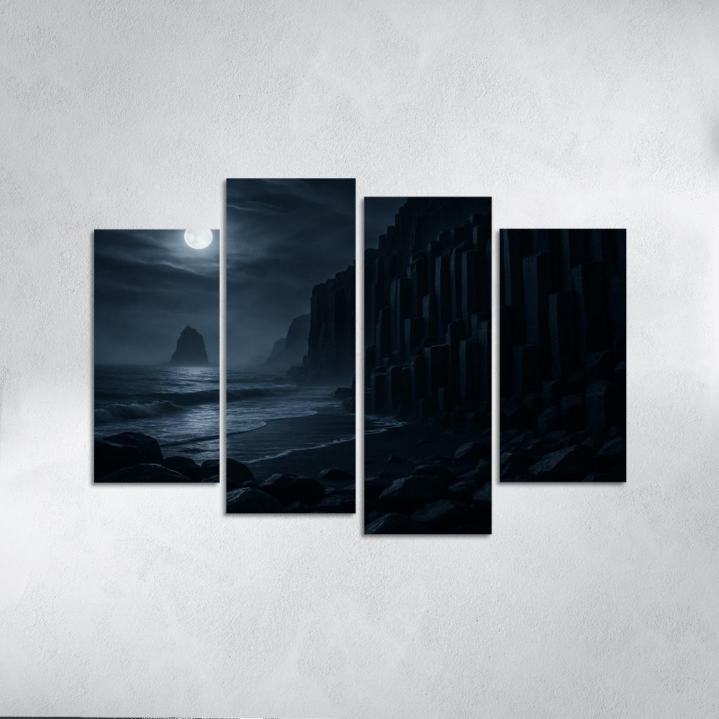 Moonlit Basalt Coast Under Silver Fog multi-panel paintings