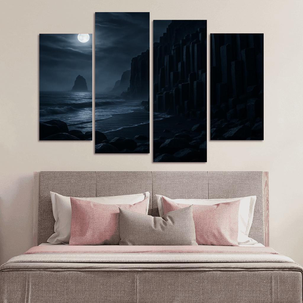 Moonlit Basalt Coast Under Silver Fog multi-panel paintings